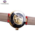 Forsining 188 Golden Skeleton Diamond Watch Design Rotes Echtes Lederband Wasserdichte Mechanische Damenuhren